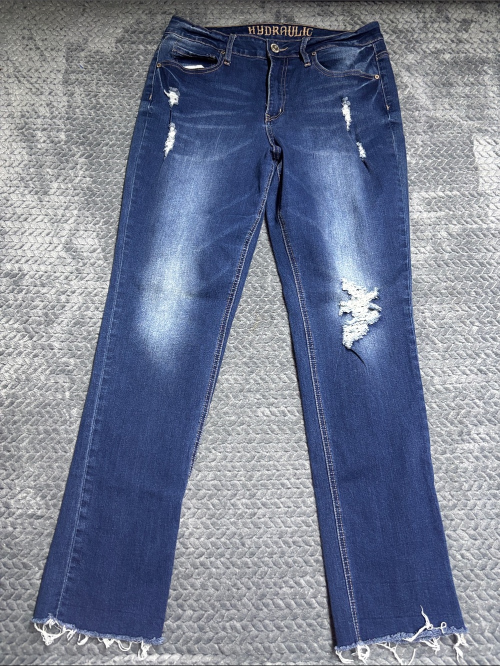Hydraulic Distressed Mid-Blue Wes Slim Straight Leg Jeans